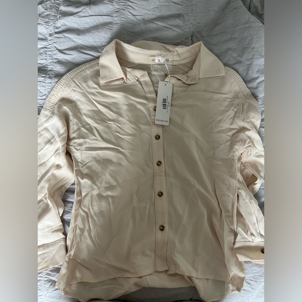 Roolee XXS cream button up long sleeve with ruching at shoulders NWT